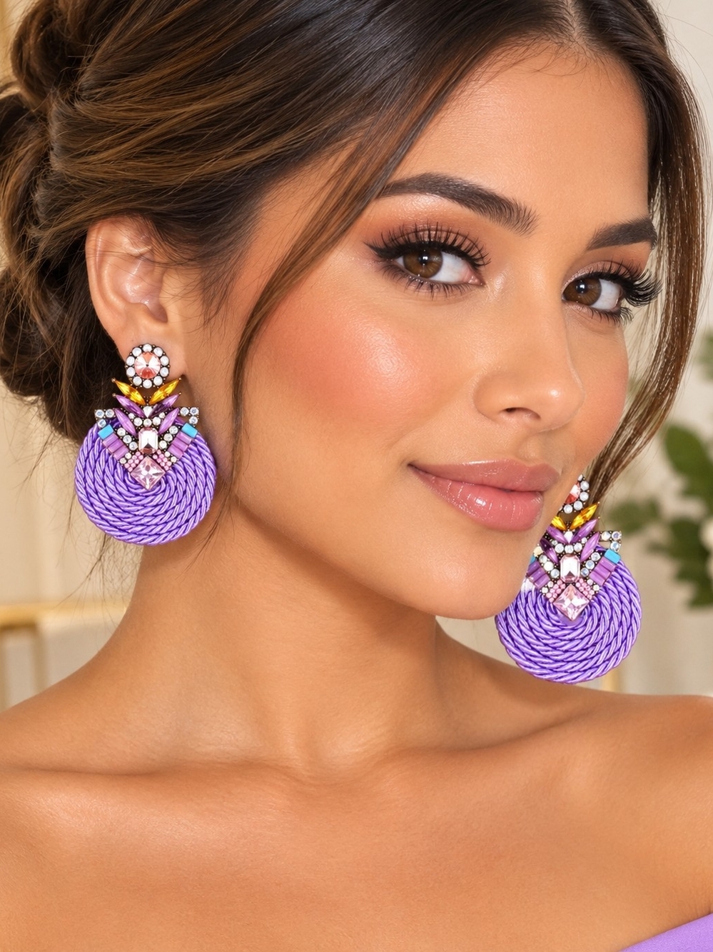 NEW Lavender Braided Drop Earrings with Multicolor Gem Accents